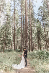 Birde and Groom embrace in forest in Yosemite California